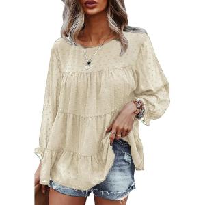imagePRETTYGARDEN Womens Summer Loose Chiffon Blouse Mesh Long Sleeve Casual Round Neck Peplum TopsLight Apricot