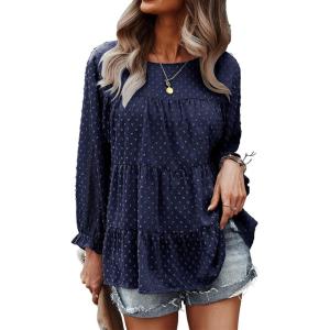 imagePRETTYGARDEN Womens Summer Loose Chiffon Blouse Mesh Long Sleeve Casual Round Neck Peplum TopsNavy