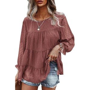imagePRETTYGARDEN Womens Summer Loose Chiffon Blouse Mesh Long Sleeve Casual Round Neck Peplum TopsPink