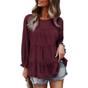imagePRETTYGARDEN Womens Summer Loose Chiffon Blouse Mesh Long Sleeve Casual Round Neck Peplum TopsWine Red