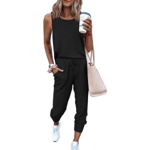 imagePRETTYGARDEN Womens Two Piece Outfit Sleeveless Crewneck Tops with Sweatpants Active Tracksuit Lounge WearBlack
