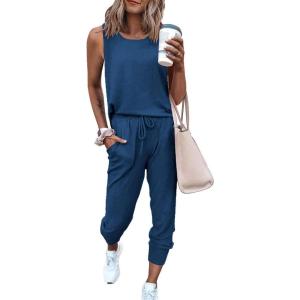 imagePRETTYGARDEN Womens Two Piece Outfit Sleeveless Crewneck Tops with Sweatpants Active Tracksuit Lounge WearDark Blue