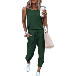 imagePRETTYGARDEN Womens Two Piece Outfit Sleeveless Crewneck Tops with Sweatpants Active Tracksuit Lounge WearDark Green