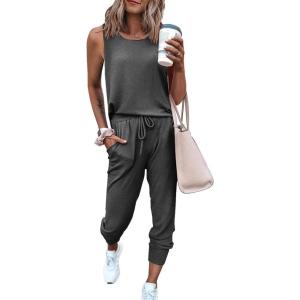 imagePRETTYGARDEN Womens Two Piece Outfit Sleeveless Crewneck Tops with Sweatpants Active Tracksuit Lounge WearDark Grey