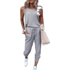 imagePRETTYGARDEN Womens Two Piece Outfit Sleeveless Crewneck Tops with Sweatpants Active Tracksuit Lounge WearLight Grey