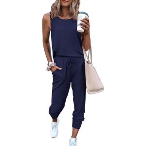imagePRETTYGARDEN Womens Two Piece Outfit Sleeveless Crewneck Tops with Sweatpants Active Tracksuit Lounge WearNavy