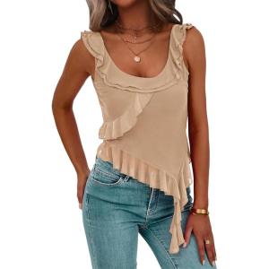 imagePRETTYGARDEN Womens Y2K Going Out Crop Top 2024 Summer Sleeveless Asymmetrical Mesh Tank Top Fitted Party TopsBeige
