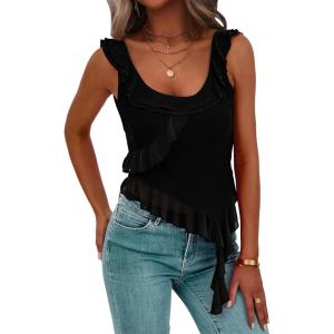 imagePRETTYGARDEN Womens Y2K Going Out Crop Top 2024 Summer Sleeveless Asymmetrical Mesh Tank Top Fitted Party TopsBlack
