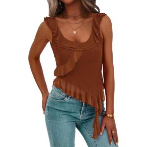 imagePRETTYGARDEN Womens Y2K Going Out Crop Top 2024 Summer Sleeveless Asymmetrical Mesh Tank Top Fitted Party TopsCaramel