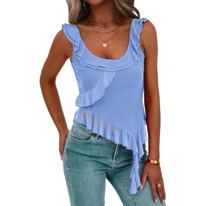 imagePRETTYGARDEN Womens Y2K Going Out Crop Top 2024 Summer Sleeveless Asymmetrical Mesh Tank Top Fitted Party TopsLight Blue