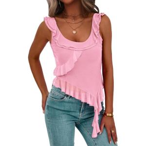 imagePRETTYGARDEN Womens Y2K Going Out Crop Top 2024 Summer Sleeveless Asymmetrical Mesh Tank Top Fitted Party TopsPink
