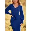 imagePRETTYGARDEN Womens 2024 Fall Knit Pullover Sweater Elegant Long Lantern Sleeve V Neck Winter Maxi Bodycon DressesBlue