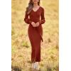 imagePRETTYGARDEN Womens 2024 Fall Knit Pullover Sweater Elegant Long Lantern Sleeve V Neck Winter Maxi Bodycon DressesCaramel