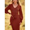 imagePRETTYGARDEN Womens 2024 Fall Knit Pullover Sweater Elegant Long Lantern Sleeve V Neck Winter Maxi Bodycon DressesCaramel