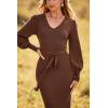 imagePRETTYGARDEN Womens 2024 Fall Knit Pullover Sweater Elegant Long Lantern Sleeve V Neck Winter Maxi Bodycon DressesCoffee
