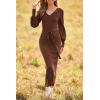 imagePRETTYGARDEN Womens 2024 Fall Knit Pullover Sweater Elegant Long Lantern Sleeve V Neck Winter Maxi Bodycon DressesCoffee