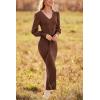 imagePRETTYGARDEN Womens 2024 Fall Knit Pullover Sweater Elegant Long Lantern Sleeve V Neck Winter Maxi Bodycon DressesCoffee