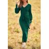 imagePRETTYGARDEN Womens 2024 Fall Knit Pullover Sweater Elegant Long Lantern Sleeve V Neck Winter Maxi Bodycon DressesDark Green