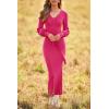 imagePRETTYGARDEN Womens 2024 Fall Knit Pullover Sweater Elegant Long Lantern Sleeve V Neck Winter Maxi Bodycon DressesRose Red