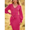 imagePRETTYGARDEN Womens 2024 Fall Knit Pullover Sweater Elegant Long Lantern Sleeve V Neck Winter Maxi Bodycon DressesRose Red