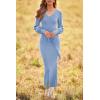 imagePRETTYGARDEN Womens 2024 Fall Knit Pullover Sweater Elegant Long Lantern Sleeve V Neck Winter Maxi Bodycon DressesSky Blue