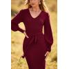 imagePRETTYGARDEN Womens 2024 Fall Knit Pullover Sweater Elegant Long Lantern Sleeve V Neck Winter Maxi Bodycon DressesWine Red