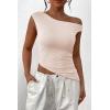 imagePRETTYGARDEN Womens 2024 Summer Off The Shoulder Crop Tops Sleeveless One Shoulder Ruched Asymmetrical Y2K Going Out Tank TopBeige