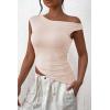 imagePRETTYGARDEN Womens 2024 Summer Off The Shoulder Crop Tops Sleeveless One Shoulder Ruched Asymmetrical Y2K Going Out Tank TopBeige