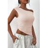 imagePRETTYGARDEN Womens 2024 Summer Off The Shoulder Crop Tops Sleeveless One Shoulder Ruched Asymmetrical Y2K Going Out Tank TopBeige