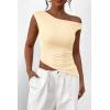 imagePRETTYGARDEN Womens 2024 Summer Off The Shoulder Crop Tops Sleeveless One Shoulder Ruched Asymmetrical Y2K Going Out Tank TopBeige Yellow