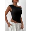 imagePRETTYGARDEN Womens 2024 Summer Off The Shoulder Crop Tops Sleeveless One Shoulder Ruched Asymmetrical Y2K Going Out Tank TopBlack