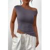 imagePRETTYGARDEN Womens 2024 Summer Off The Shoulder Crop Tops Sleeveless One Shoulder Ruched Asymmetrical Y2K Going Out Tank TopDark Grey