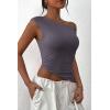 imagePRETTYGARDEN Womens 2024 Summer Off The Shoulder Crop Tops Sleeveless One Shoulder Ruched Asymmetrical Y2K Going Out Tank TopDark Grey