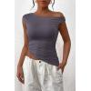 imagePRETTYGARDEN Womens 2024 Summer Off The Shoulder Crop Tops Sleeveless One Shoulder Ruched Asymmetrical Y2K Going Out Tank TopDark Grey