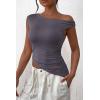 imagePRETTYGARDEN Womens 2024 Summer Off The Shoulder Crop Tops Sleeveless One Shoulder Ruched Asymmetrical Y2K Going Out Tank TopDark Grey