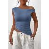 imagePRETTYGARDEN Womens 2024 Summer Off The Shoulder Crop Tops Sleeveless One Shoulder Ruched Asymmetrical Y2K Going Out Tank TopGrey Blue