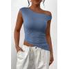 imagePRETTYGARDEN Womens 2024 Summer Off The Shoulder Crop Tops Sleeveless One Shoulder Ruched Asymmetrical Y2K Going Out Tank TopGrey Blue