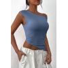 imagePRETTYGARDEN Womens 2024 Summer Off The Shoulder Crop Tops Sleeveless One Shoulder Ruched Asymmetrical Y2K Going Out Tank TopGrey Blue