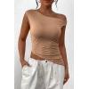 imagePRETTYGARDEN Womens 2024 Summer Off The Shoulder Crop Tops Sleeveless One Shoulder Ruched Asymmetrical Y2K Going Out Tank TopKhaki