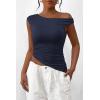imagePRETTYGARDEN Womens 2024 Summer Off The Shoulder Crop Tops Sleeveless One Shoulder Ruched Asymmetrical Y2K Going Out Tank TopNavy