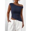 imagePRETTYGARDEN Womens 2024 Summer Off The Shoulder Crop Tops Sleeveless One Shoulder Ruched Asymmetrical Y2K Going Out Tank TopNavy