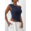 imagePRETTYGARDEN Womens 2024 Summer Off The Shoulder Crop Tops Sleeveless One Shoulder Ruched Asymmetrical Y2K Going Out Tank TopNavy