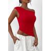 imagePRETTYGARDEN Womens 2024 Summer Off The Shoulder Crop Tops Sleeveless One Shoulder Ruched Asymmetrical Y2K Going Out Tank TopRed