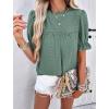 imagePRETTYGARDEN Womens 2024 Summer Tops Casual Crewneck Ruffle Short Sleeve Eyelet Babydoll Blouse ShirtsBean Green