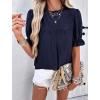 imagePRETTYGARDEN Womens 2024 Summer Tops Casual Crewneck Ruffle Short Sleeve Eyelet Babydoll Blouse ShirtsNavy
