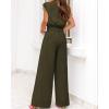 imagePRETTYGARDEN Womens Summer 2 Piece Outfits 2024 Cap Sleeve V Neck Belted Crop Tops Wide Leg Pant Sets Casual TracksuitSolid Army Green