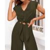 imagePRETTYGARDEN Womens Summer 2 Piece Outfits 2024 Cap Sleeve V Neck Belted Crop Tops Wide Leg Pant Sets Casual TracksuitSolid Army Green