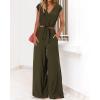 imagePRETTYGARDEN Womens Summer 2 Piece Outfits 2024 Cap Sleeve V Neck Belted Crop Tops Wide Leg Pant Sets Casual TracksuitSolid Army Green