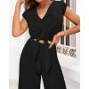 imagePRETTYGARDEN Womens Summer 2 Piece Outfits 2024 Cap Sleeve V Neck Belted Crop Tops Wide Leg Pant Sets Casual TracksuitSolid Black
