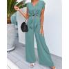 imagePRETTYGARDEN Womens Summer 2 Piece Outfits 2024 Cap Sleeve V Neck Belted Crop Tops Wide Leg Pant Sets Casual TracksuitSolid Blue Green